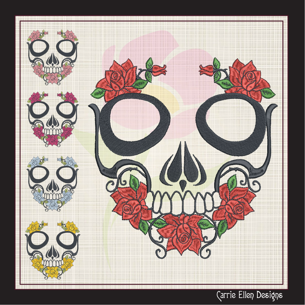 Skull with Roses Machine Embroidery Design | Sugar Skull Day of the Dead Pattern | Dia de Los Muertos Embroidery | 6 Sizes (1041)