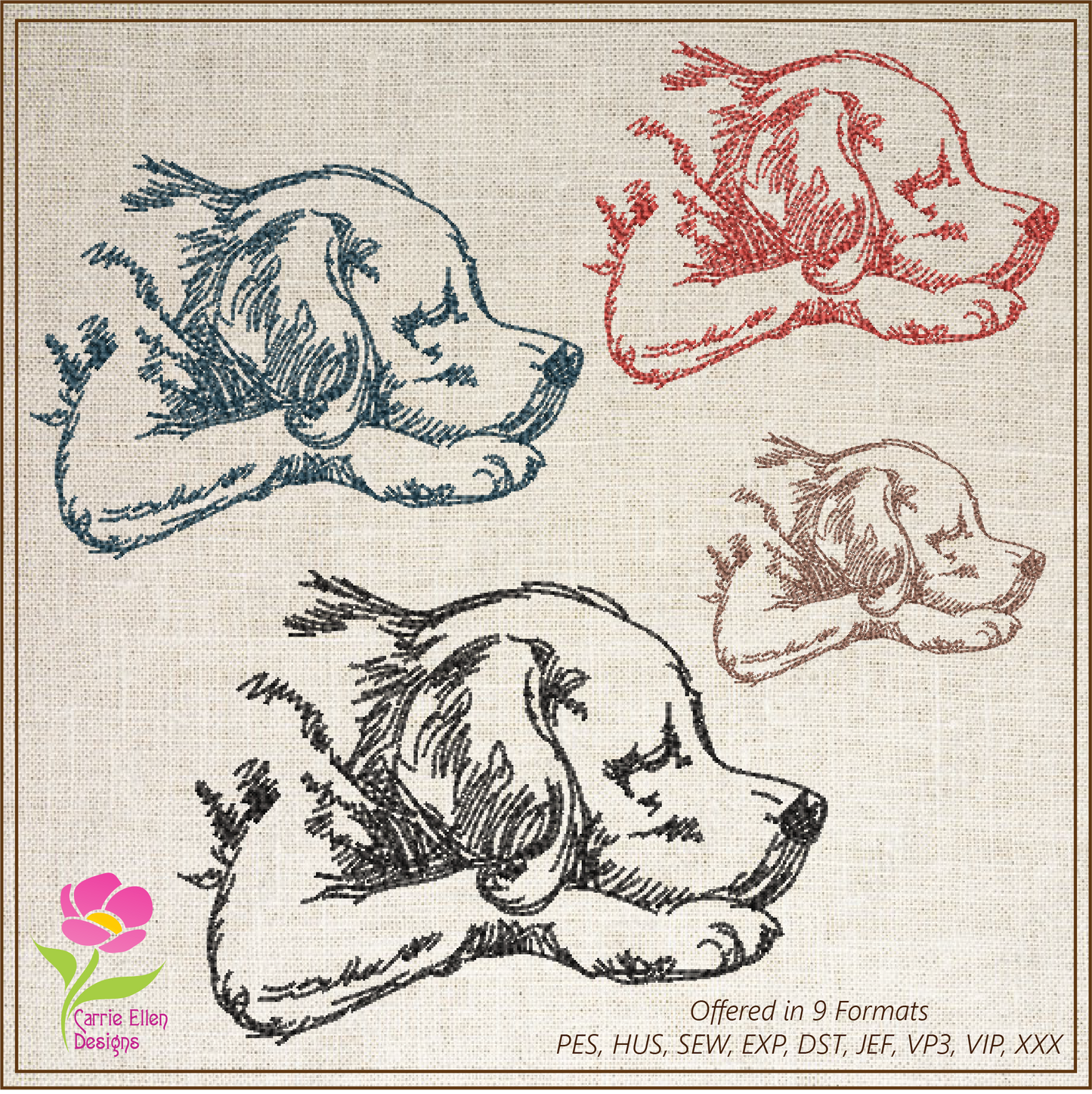 Sleeping Puppy Machine Embroidery Design Sketch – Dog Line Art Pet Embroidery, 8 Sizes (0487)