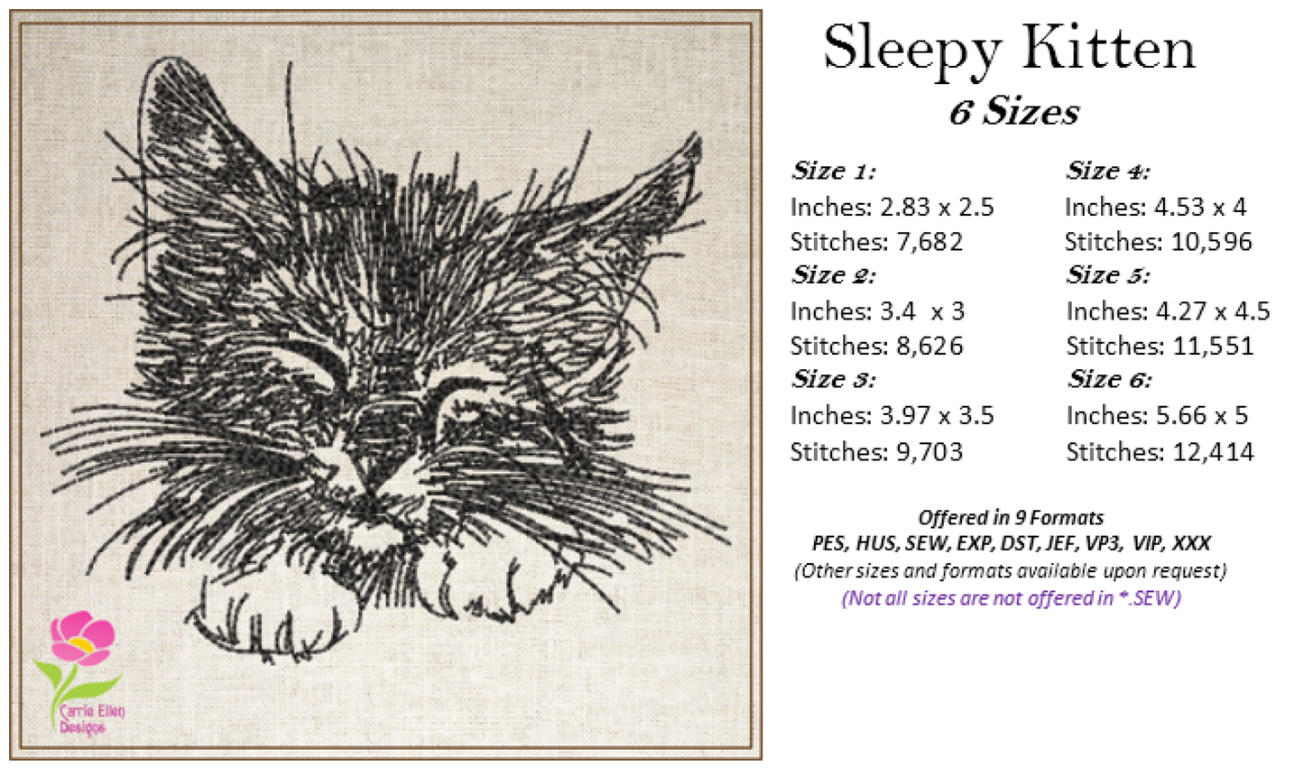 Sleepy Kitten Machine Embroidery Design | Kitten Face Sketch | Pet Cat Embroidery | Cute Animal Design | 6 Sizes (0320)