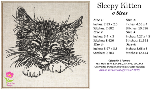 Sleepy Kitten Machine Embroidery Design | Kitten Face Sketch | Pet Cat Embroidery | Cute Animal Design | 6 Sizes (0320)