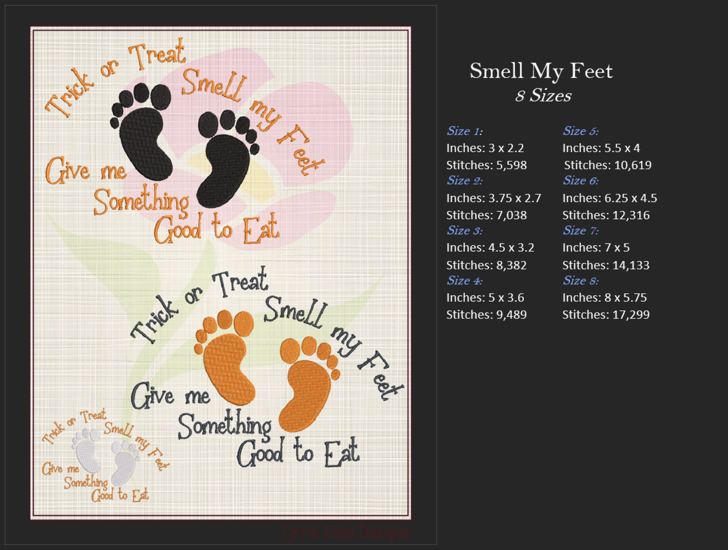 Trick or Treat Smell My Feet Machine Embroidery Design | Funny Halloween Greeting with Feet | Kids Halloween Sayings and Quotes | 8 Sizes (0870)