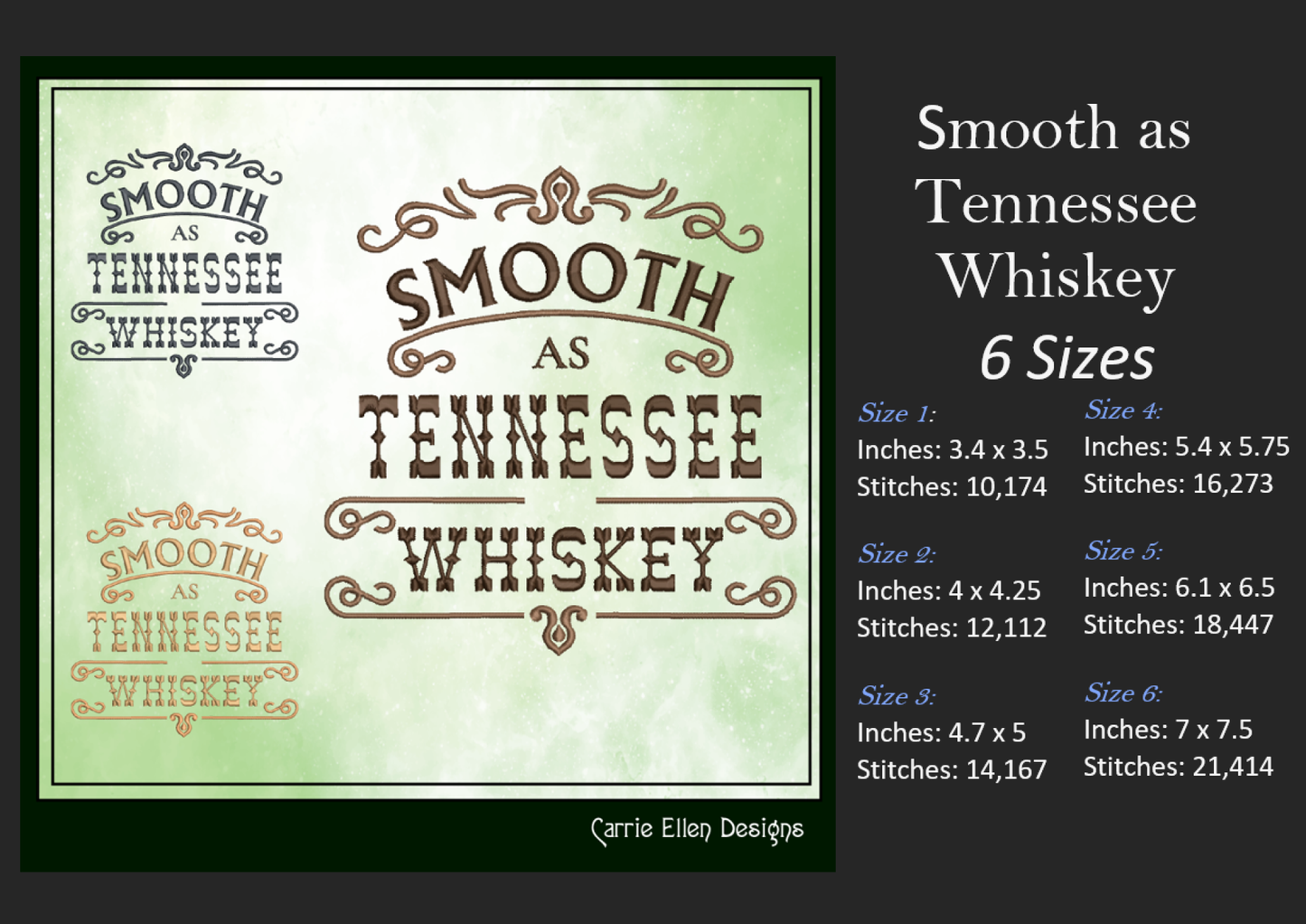 Smooth as Tennessee Whiskey Machine Embroidery Design | Classic Country Saying for T-Shirts, Towels & More | 6 Sizes (1722)