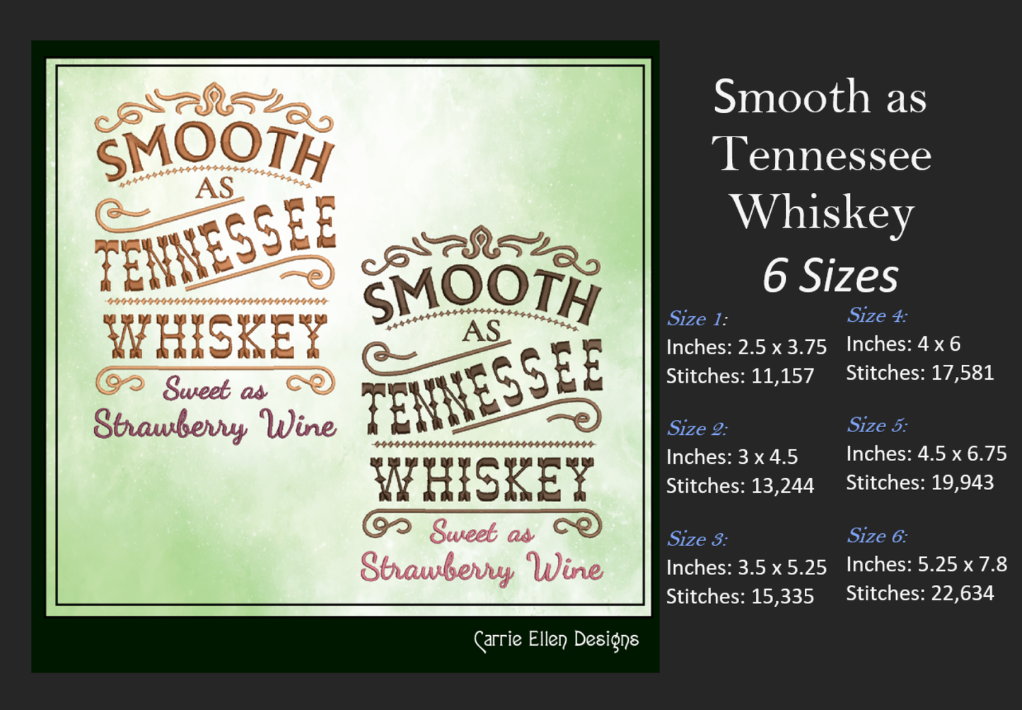 Smooth as Tennessee Whiskey, Sweet as Strawberry Wine Machine Embroidery Design | Country Lyric Quote, 6 Sizes (1721)