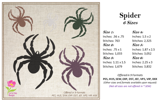 Spider Machine Embroidery Design File | Insect Bugs Spiders | Black Spider Embroidery Design | 6 Sizes (0725)