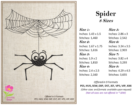 Spider in Web Machine Embroidery Design | Black Spider Halloween Embroidery | Spiderweb Design | 8 Sizes (0720)