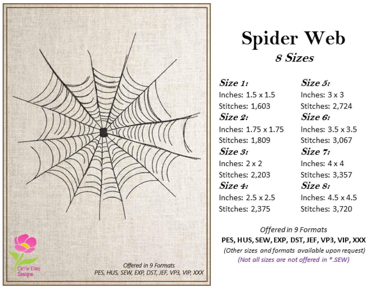 Spider Web Machine Embroidery Design – Line Art Halloween Web Embroidery, 8 Sizes (2402)