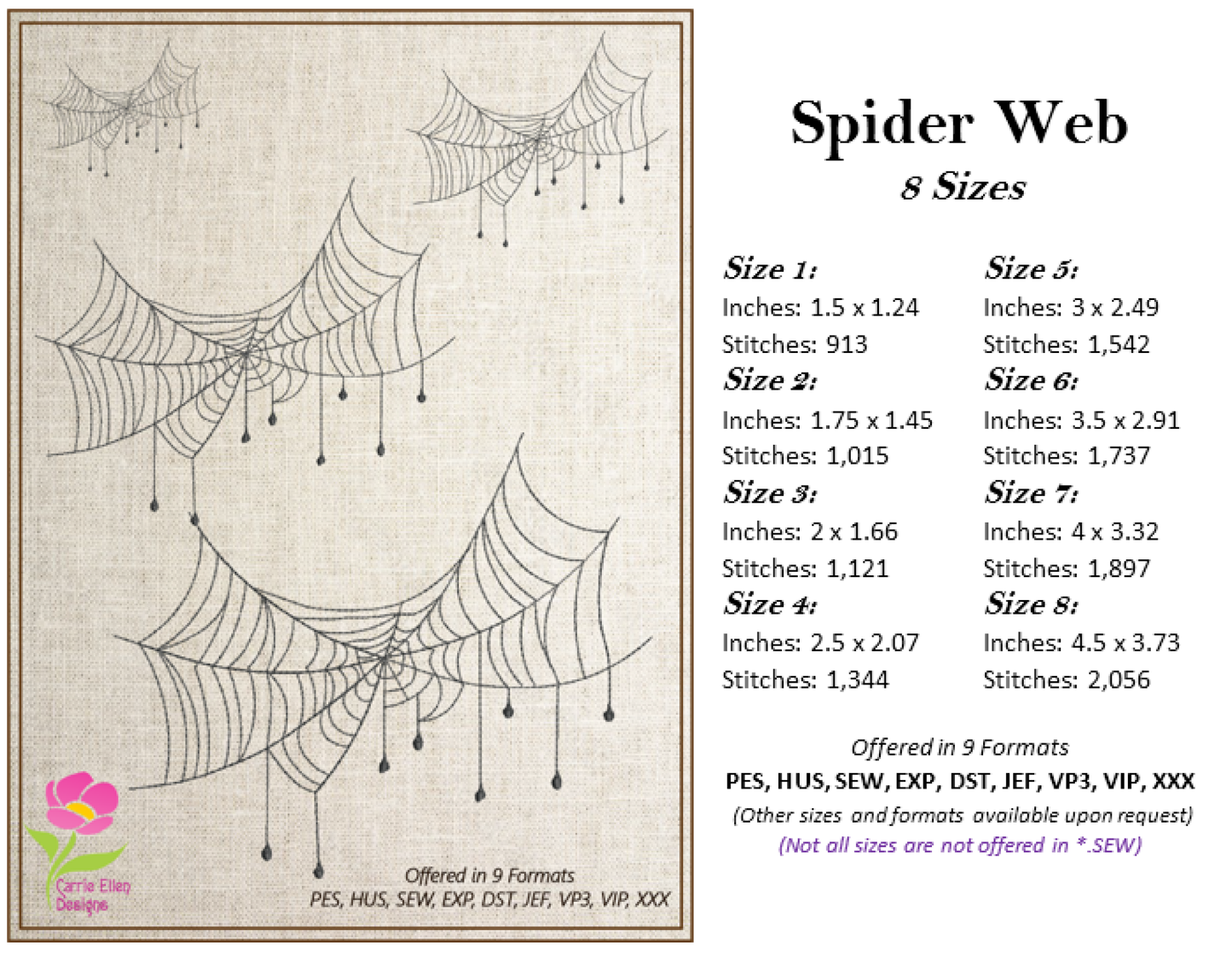 Spider Web Machine Embroidery Design – Line Art Halloween Web Embroidery, 8 Sizes (2407)