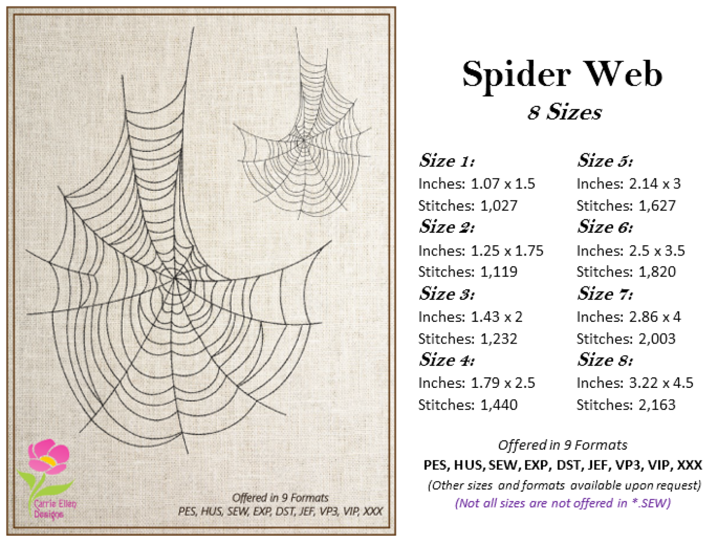 Spider Web Machine Embroidery Design – Line Art Halloween Web Embroidery, 8 Sizes (2403)