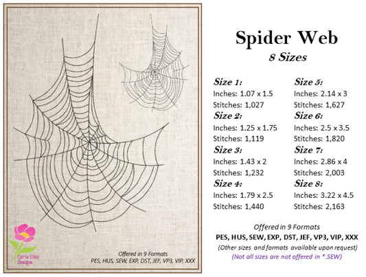 Spider Web Machine Embroidery Design – Line Art Halloween Web Embroidery, 8 Sizes (2403)
