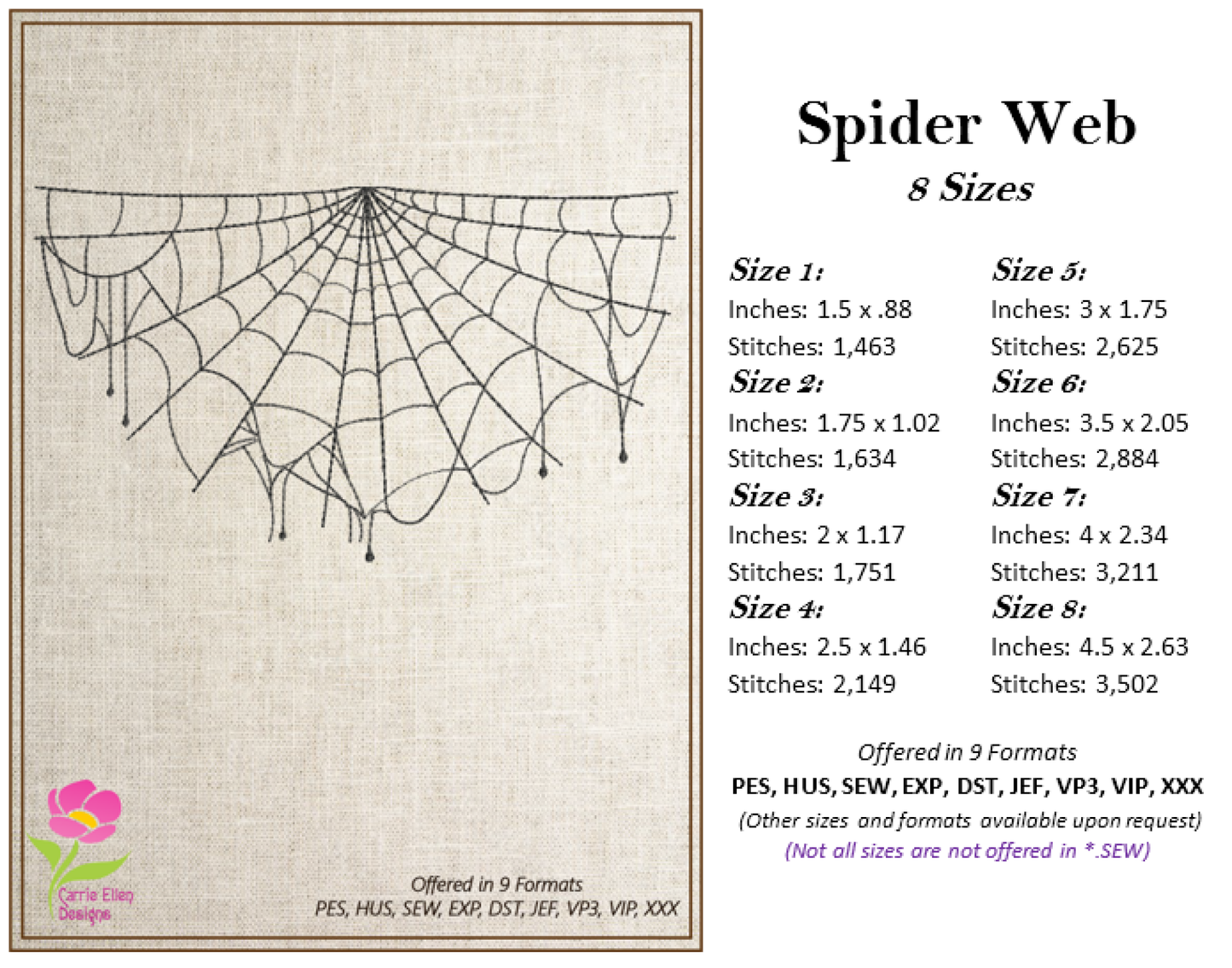 Spider Web Machine Embroidery Design – Line Art Halloween Web Embroidery, 8 Sizes (2404)