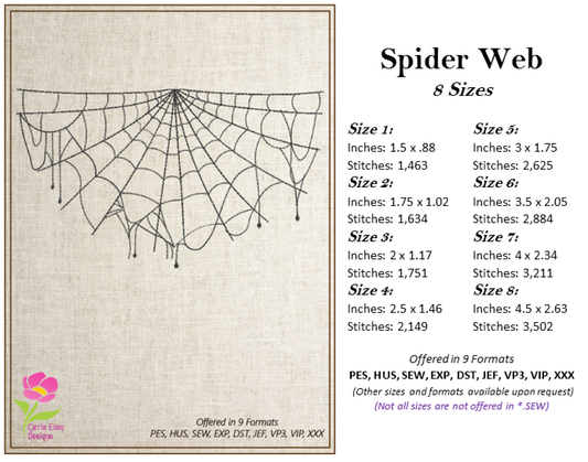 Spider Web Machine Embroidery Design – Line Art Halloween Web Embroidery, 8 Sizes (2404)