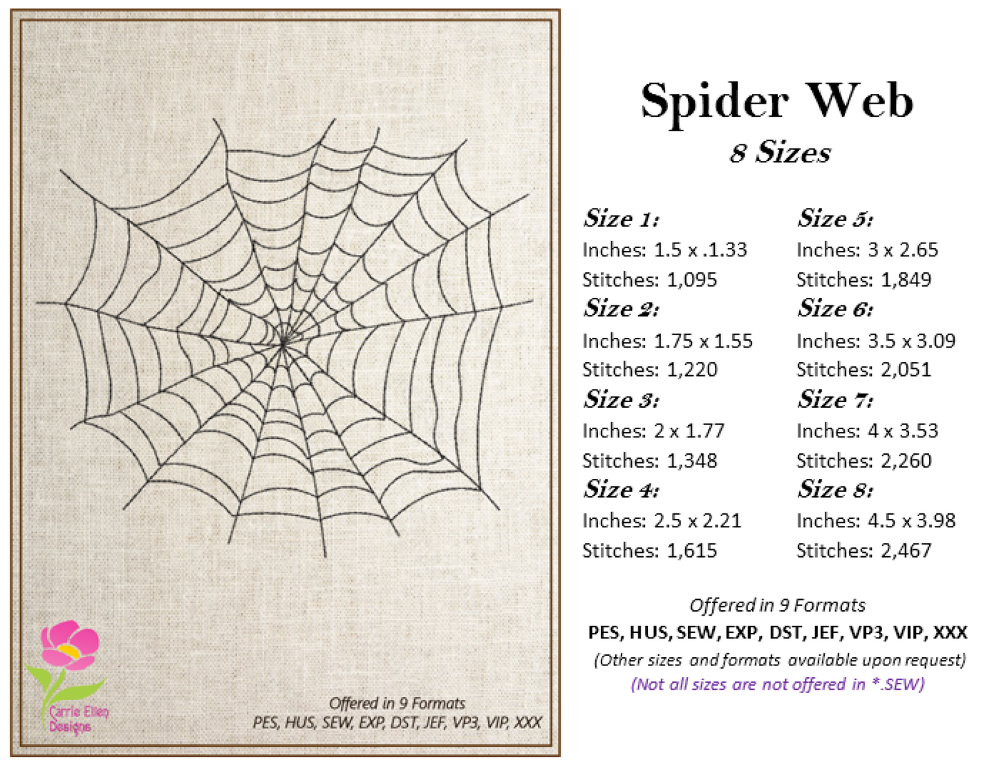 Spider Web Machine Embroidery Design – Line Art Halloween Web Embroidery, 8 Sizes (2405)