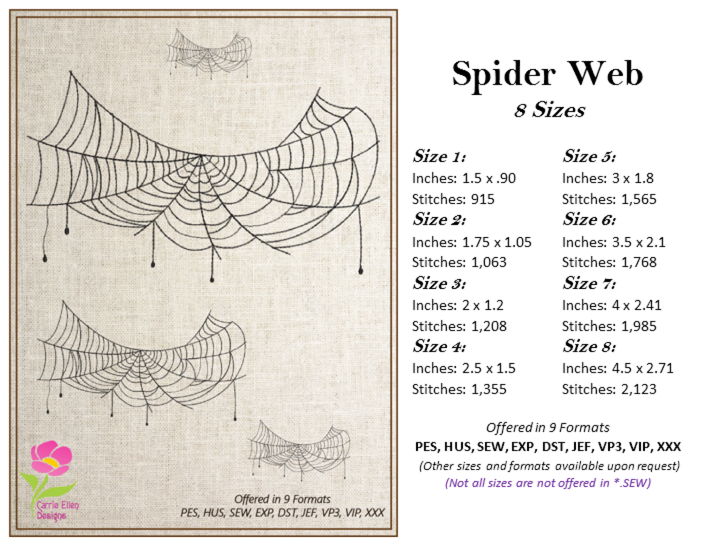 Spider Web Machine Embroidery Design – Line Art Halloween Web Embroidery, 8 Sizes (2406)