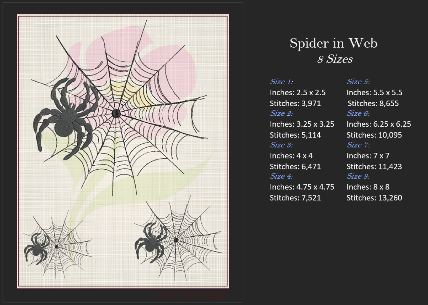 Spider in Web Machine Embroidery Design Bundle | Halloween Spiderweb Embroidery | 4 Designs, 8 Sizes each design (0723)