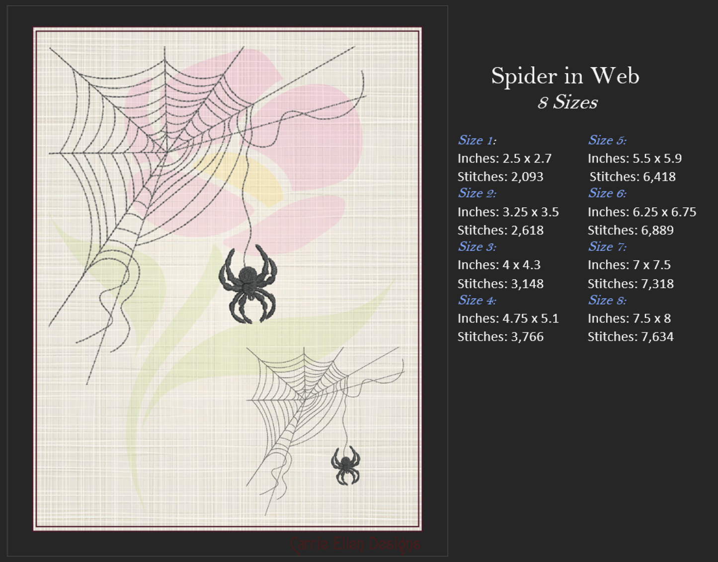 Spider in Web Machine Embroidery Design Bundle | Halloween Spiderweb Embroidery | 4 Designs, 8 Sizes each design (0723)