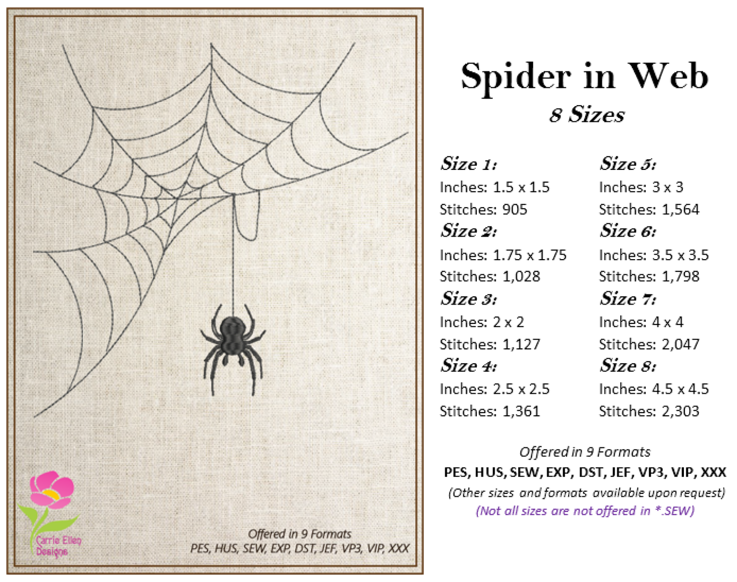 Spider in Web Machine Embroidery Design Bundle | Halloween Spiderweb Embroidery | 4 Designs, 8 Sizes each design (0723)