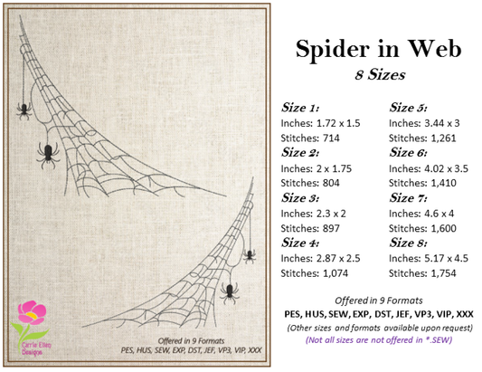 Spider in Web Machine Embroidery Design Bundle | Halloween Spiderweb Embroidery | 4 Designs, 8 Sizes each design (0723)