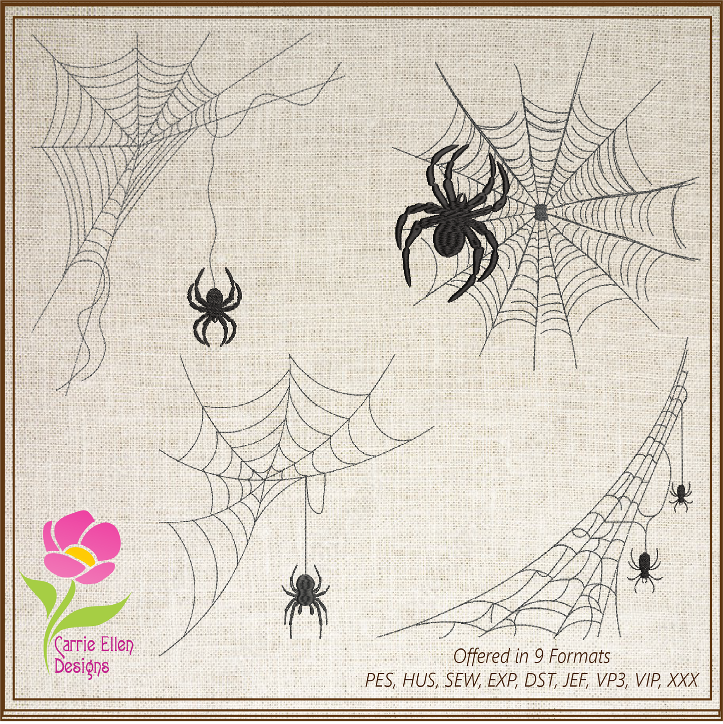 Spider in Web Machine Embroidery Design Bundle | Halloween Spiderweb Embroidery | 4 Designs, 8 Sizes each design (0723)