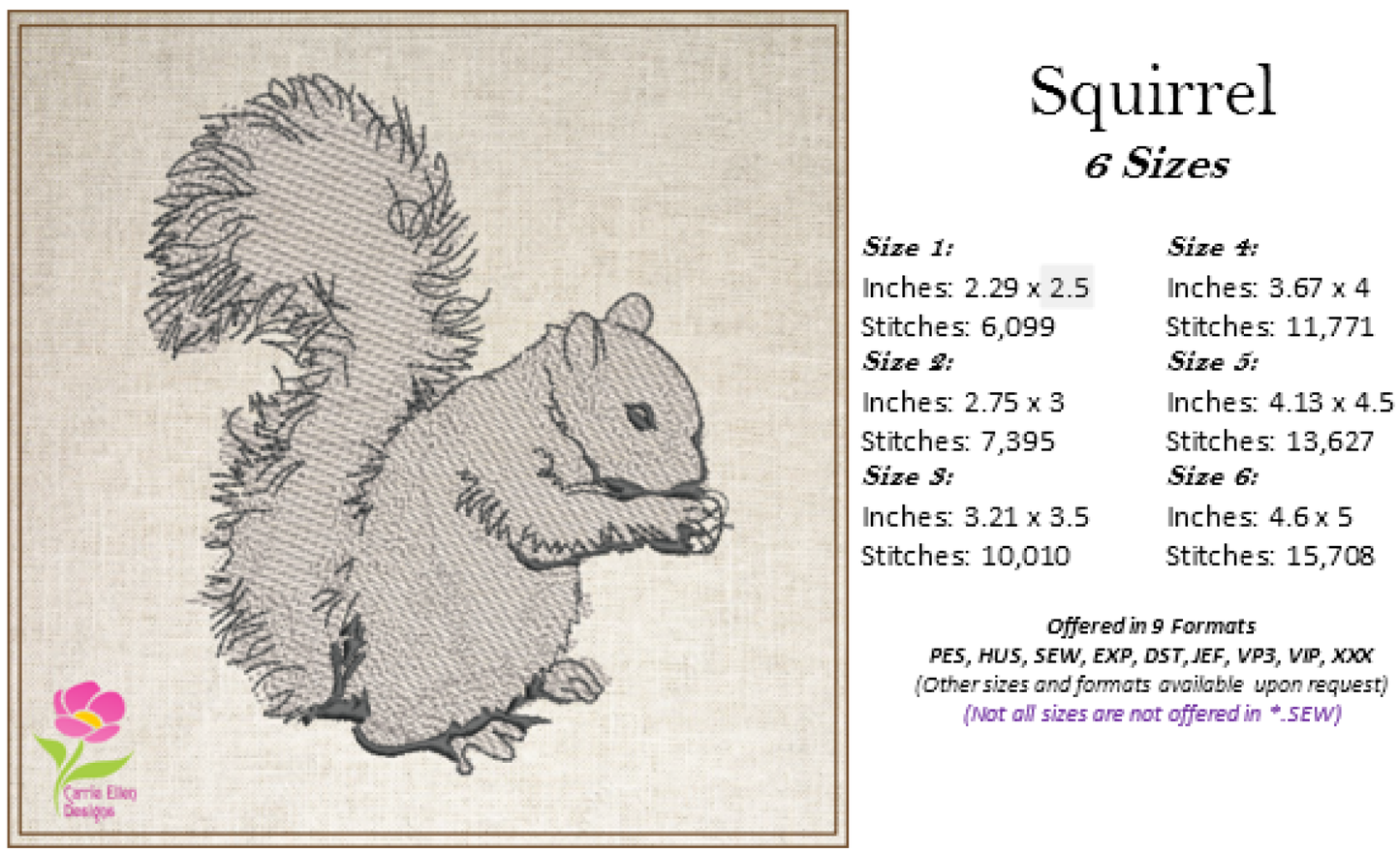 Squirrel Machine Embroidery Design | Woodland Wildlife Animal Sketch, 6 Sizes (0417)