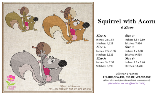 Squirrel Machine Embroidery Design, Squirrel with Acorn Design, Animal Embroidery Designs, Woodland Animals Embroidery, 6 Sizes (0372)