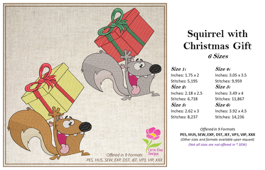 Squirrel Running with Gift Christmas Machine Embroidery Design – Cute Cartoon Holiday Animal – 6 Sizes (0265)