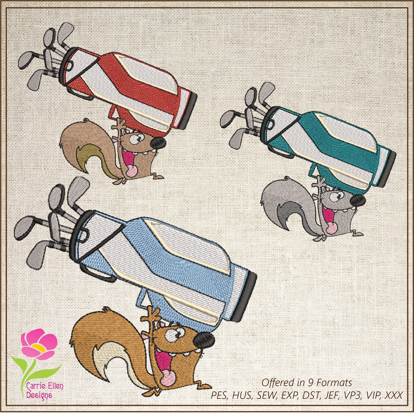 Squirrel Running with Golf Bag Embroidery Design – Cartoon Animal Golfer, Sporty Fun Stitch, 6 Sizes (2017)