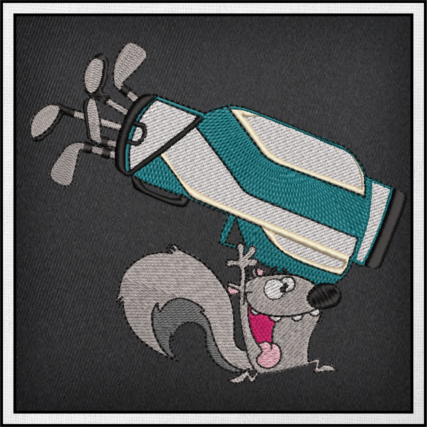 Squirrel Running with Golf Bag Embroidery Design – Cartoon Animal Golfer, Sporty Fun Stitch, 6 Sizes (2017)