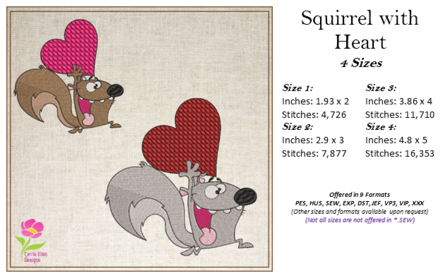 Squirrel Running with A Heart Machine Embroidery Design – Cute Valentine's Day Cartoon Holiday Animal – 6 Sizes (0424)
