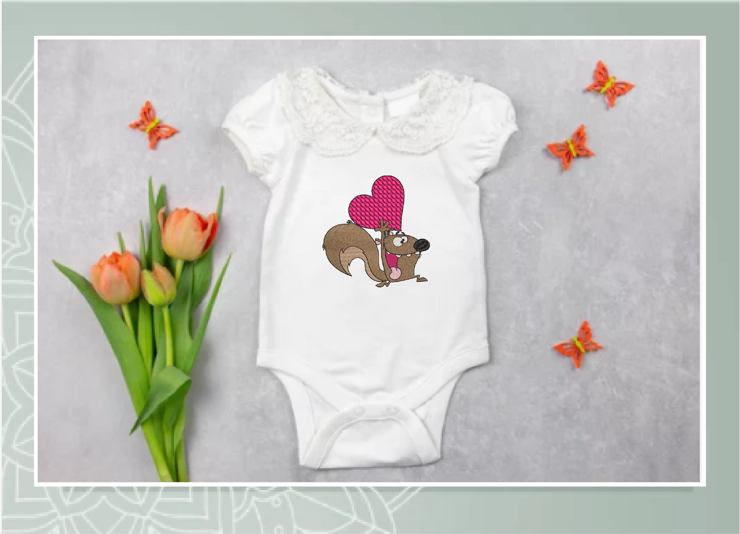 Squirrel Running with A Heart Machine Embroidery Design – Cute Valentine's Day Cartoon Holiday Animal – 6 Sizes (0424)