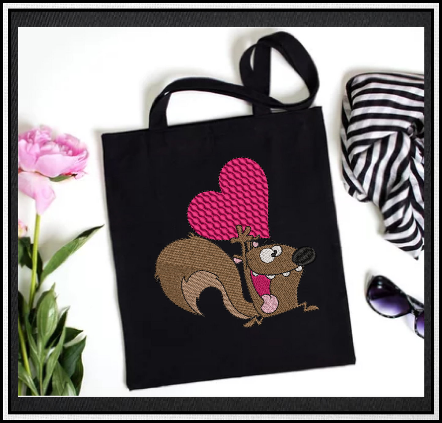 Squirrel Running with A Heart Machine Embroidery Design – Cute Valentine's Day Cartoon Holiday Animal – 6 Sizes (0424)