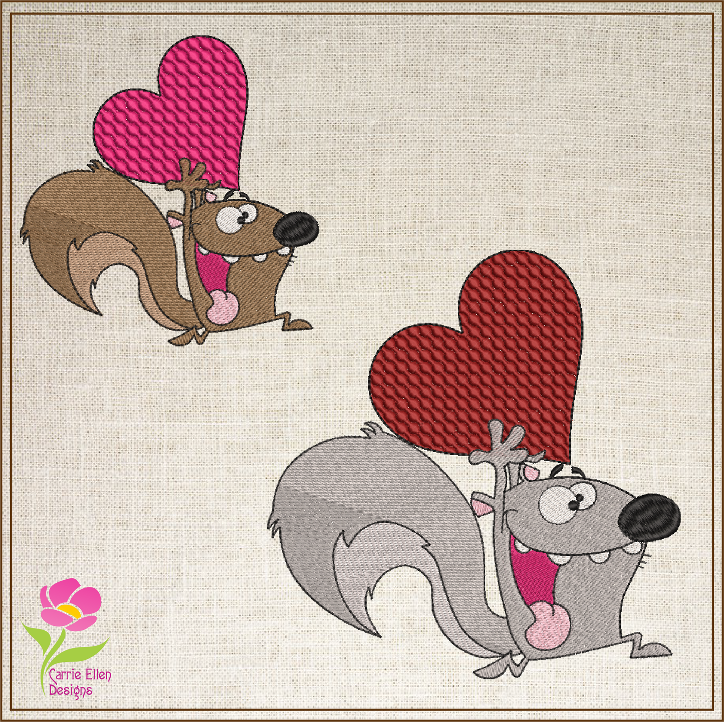 Squirrel Running with A Heart Machine Embroidery Design – Cute Valentine's Day Cartoon Holiday Animal – 6 Sizes (0424)
