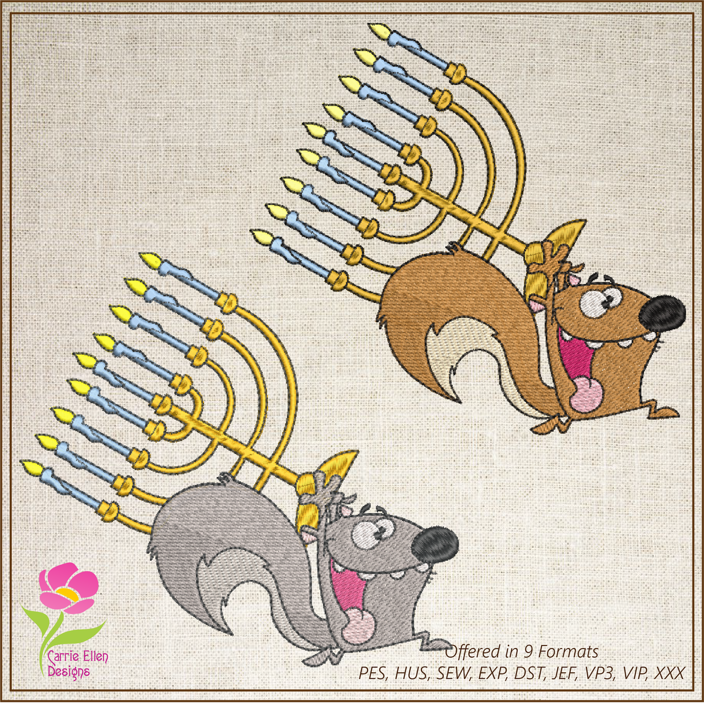 Squirrel Running With Menorah Chanukah Machine Embroidery Design – Cartoon Animal Judaica Pattern – 6 Sizes (0264)