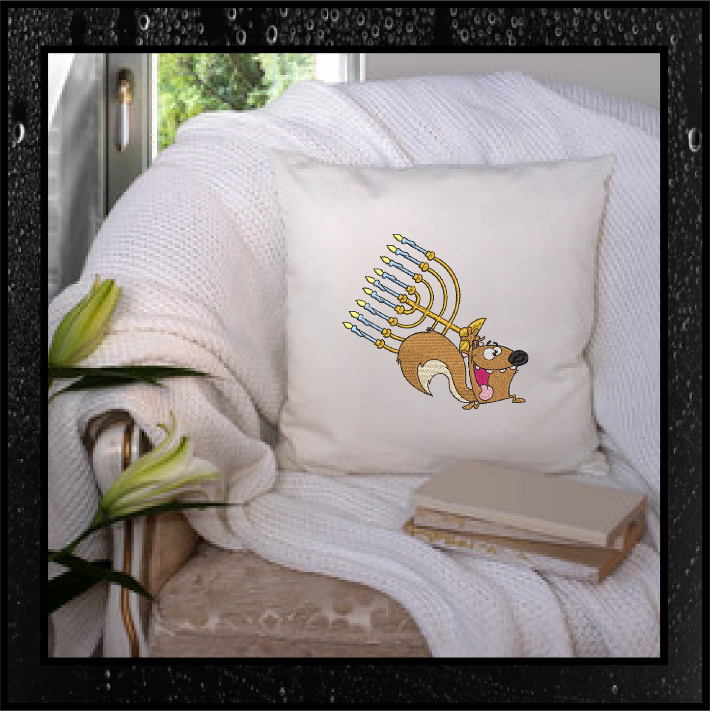 Squirrel Running With Menorah Chanukah Machine Embroidery Design – Cartoon Animal Judaica Pattern – 6 Sizes (0264)
