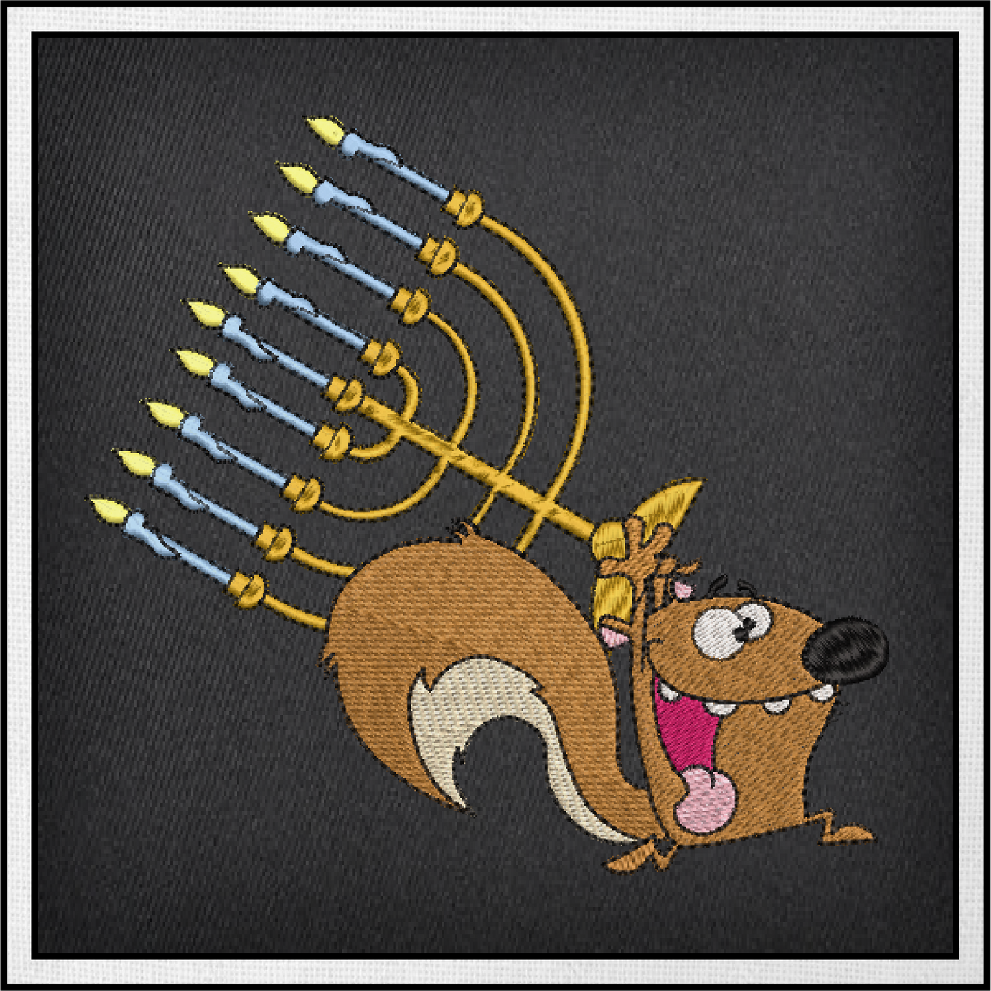 Squirrel Running With Menorah Chanukah Machine Embroidery Design – Cartoon Animal Judaica Pattern – 6 Sizes (0264)