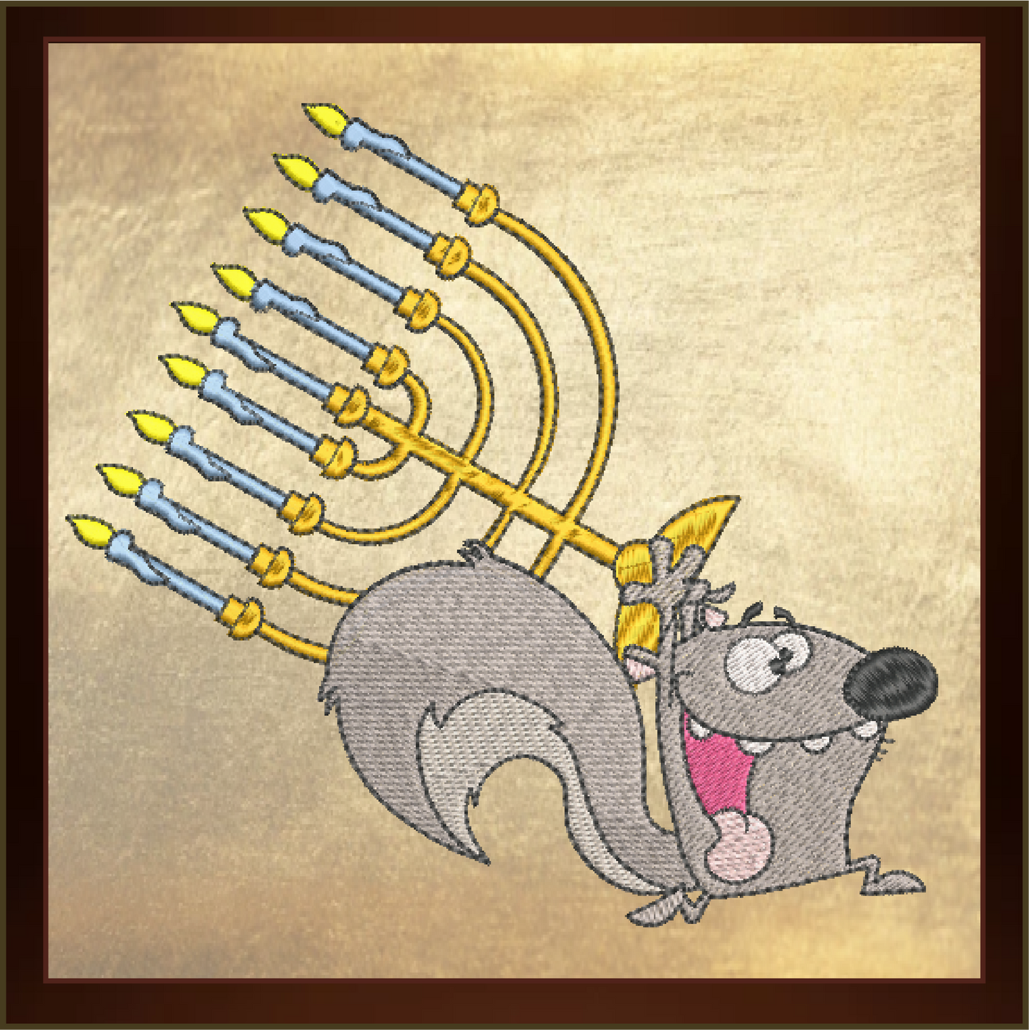 Squirrel Running With Menorah Chanukah Machine Embroidery Design – Cartoon Animal Judaica Pattern – 6 Sizes (0264)