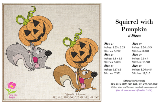 Squirrel Running Away with Halloween Pumpkin Embroidery Design – Playful Animal Stitch Pattern. 6 Sizes (0263)