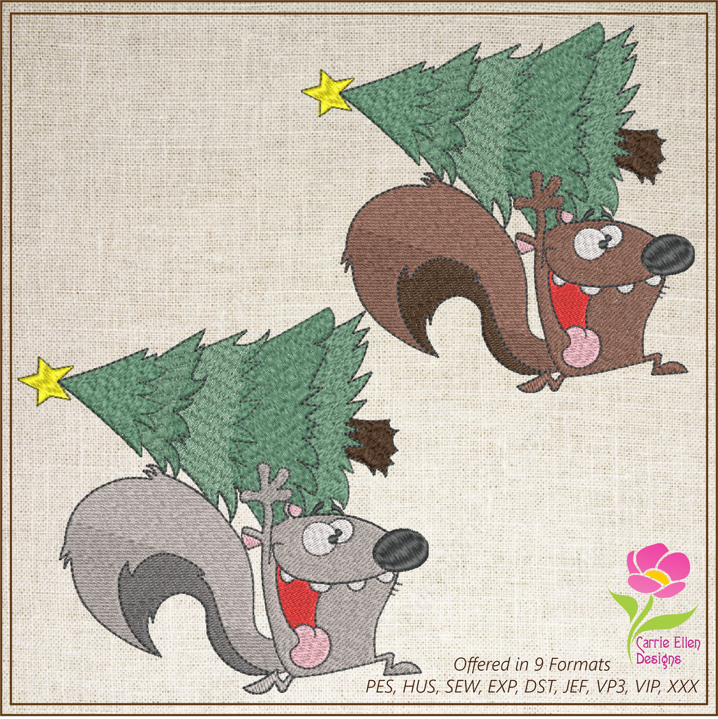 Squirrel Running with Christmas Tree Embroidery Design – Festive Cartoon Animal Stitch Pattern, 6 Sizes (0262)