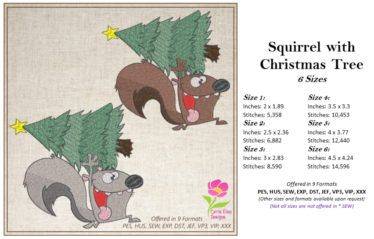 Squirrel Running with Christmas Tree Embroidery Design – Festive Cartoon Animal Stitch Pattern, 6 Sizes (0262)