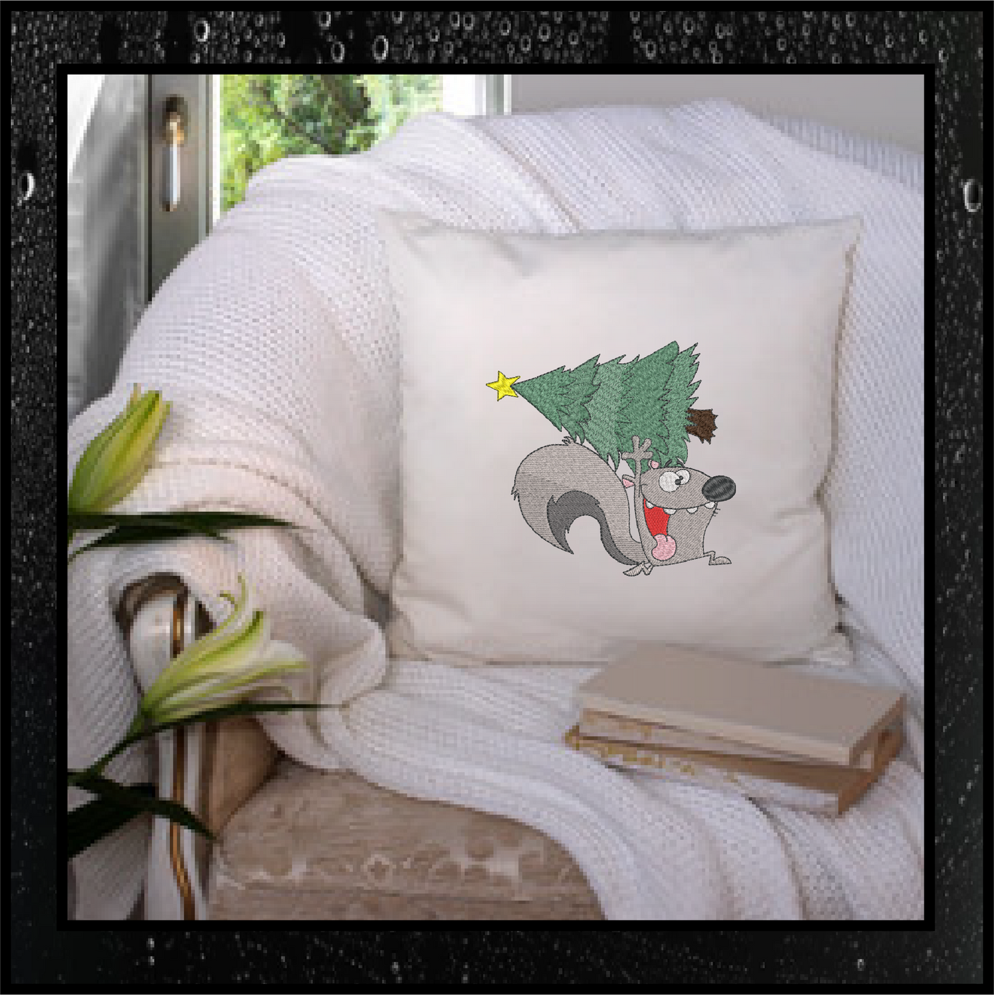 Squirrel Running with Christmas Tree Embroidery Design – Festive Cartoon Animal Stitch Pattern, 6 Sizes (0262)