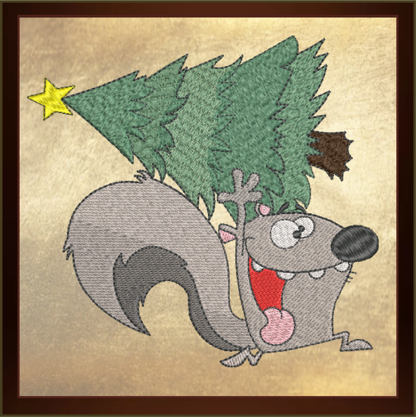 Squirrel Running with Christmas Tree Embroidery Design – Festive Cartoon Animal Stitch Pattern, 6 Sizes (0262)