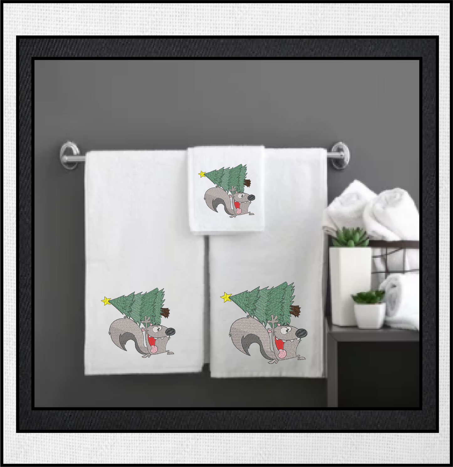 Squirrel Running with Christmas Tree Embroidery Design – Festive Cartoon Animal Stitch Pattern, 6 Sizes (0262)