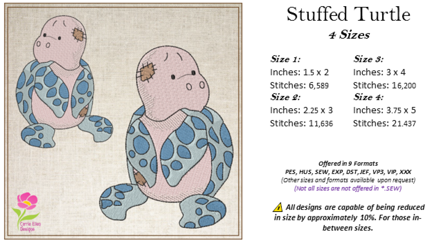 Toy Sea Turtle Machine Embroidery Design for Babies and Kids | Vintage Stuffed Animal Turtle | Blue Nose Tatty Teddy Inspired | 4 Sizes (0441)