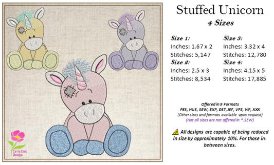 Blue Nose Stuffed Unicorn Embroidery Design | Cute Plush Toy Machine Embroidery Pattern | 4 Sizes (0438)