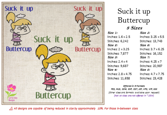 Suck it up Buttercup Machine Embroidery Design | Grumpy Little Girl Sketch | Funny Sarcastic Sayings and Quotes | 8 Sizes (0809)