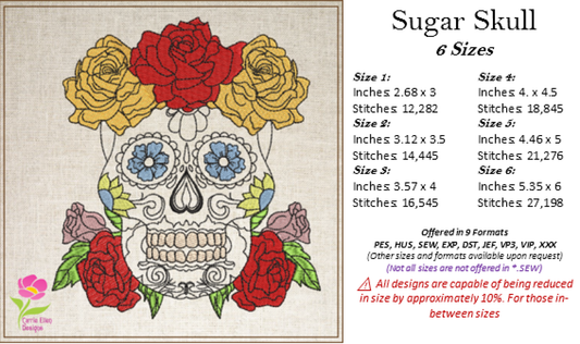 Sugar Skull with Roses Machine Embroidery Design | Day of the Dead Embroidery Pattern | Dia de Los Muertos Skull with Flowers (0555)