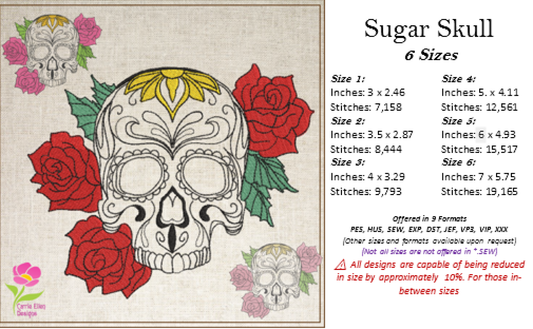 Sugar Skull with Roses Machine Embroidery Design | Day of the Dead Line Art Pattern | Dia de Los Muertos Embroidery | 6 Sizes (0573)