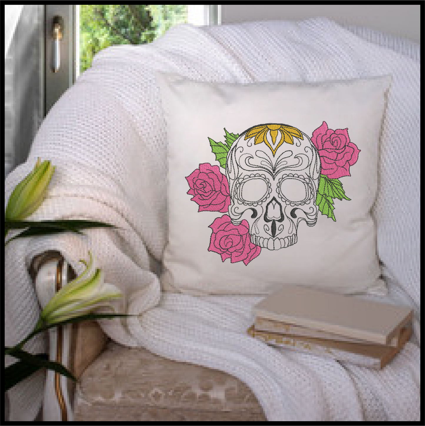 Sugar Skull with Roses Machine Embroidery Design | Day of the Dead Line Art Pattern | Dia de Los Muertos Embroidery | 6 Sizes (0573)