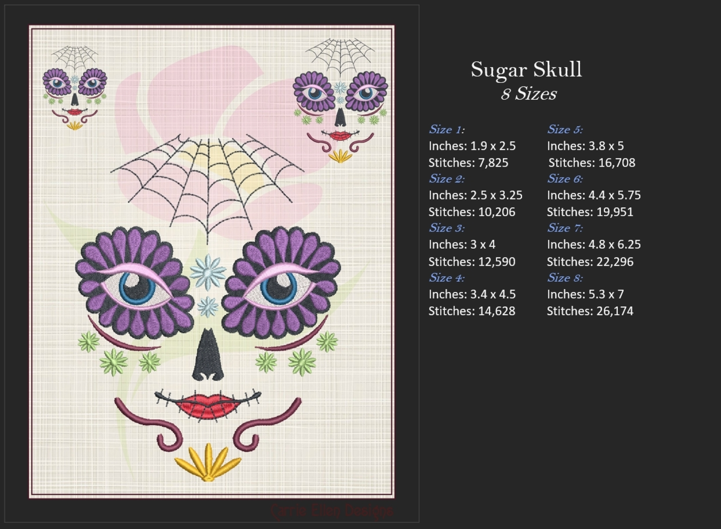 Sugar Skull Face Machine Embroidery Design | Day of the Dead Skeleton Pattern | Dia De Los Muertos Embroidery | 8 Sizes (0932)
