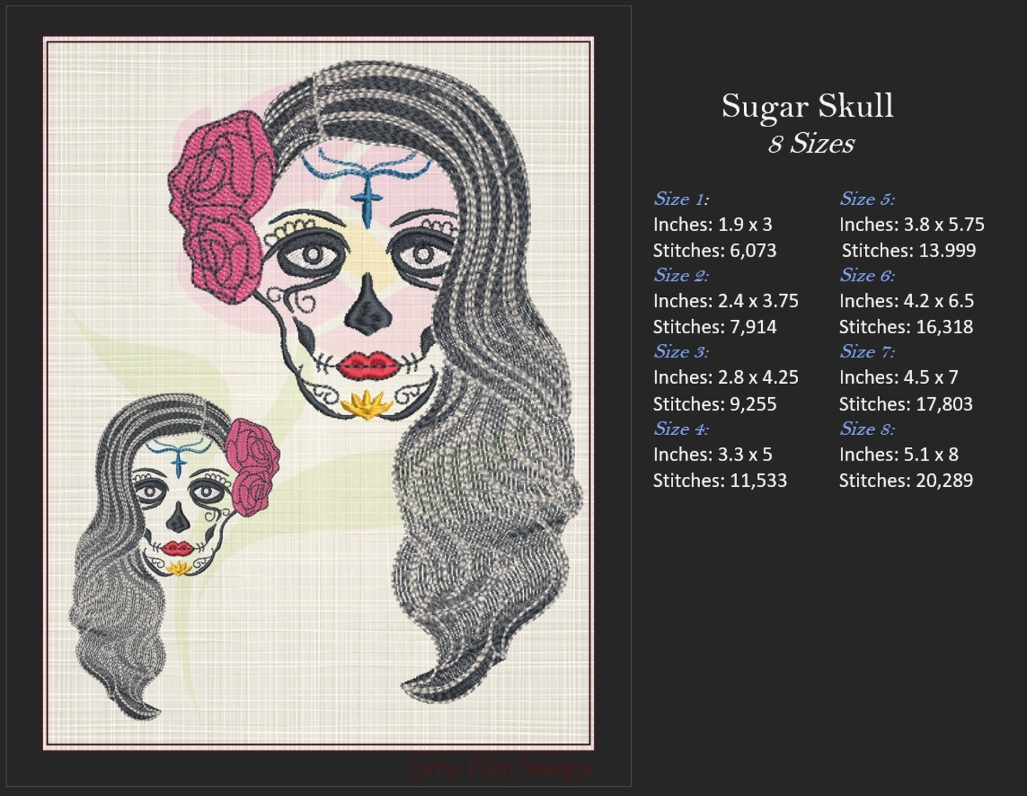 Sugar Skull Woman Machine Embroidery Design | Day of the Dead Skeleton Pattern | Dia De Los Muertos Embroidery | 8 Sizes (0933)