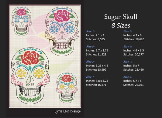 Sugar Skull with Roses Machine Embroidery Design – Day of the Dead Pattern – Dia de Los Muertos – 8 Sizes (0996)